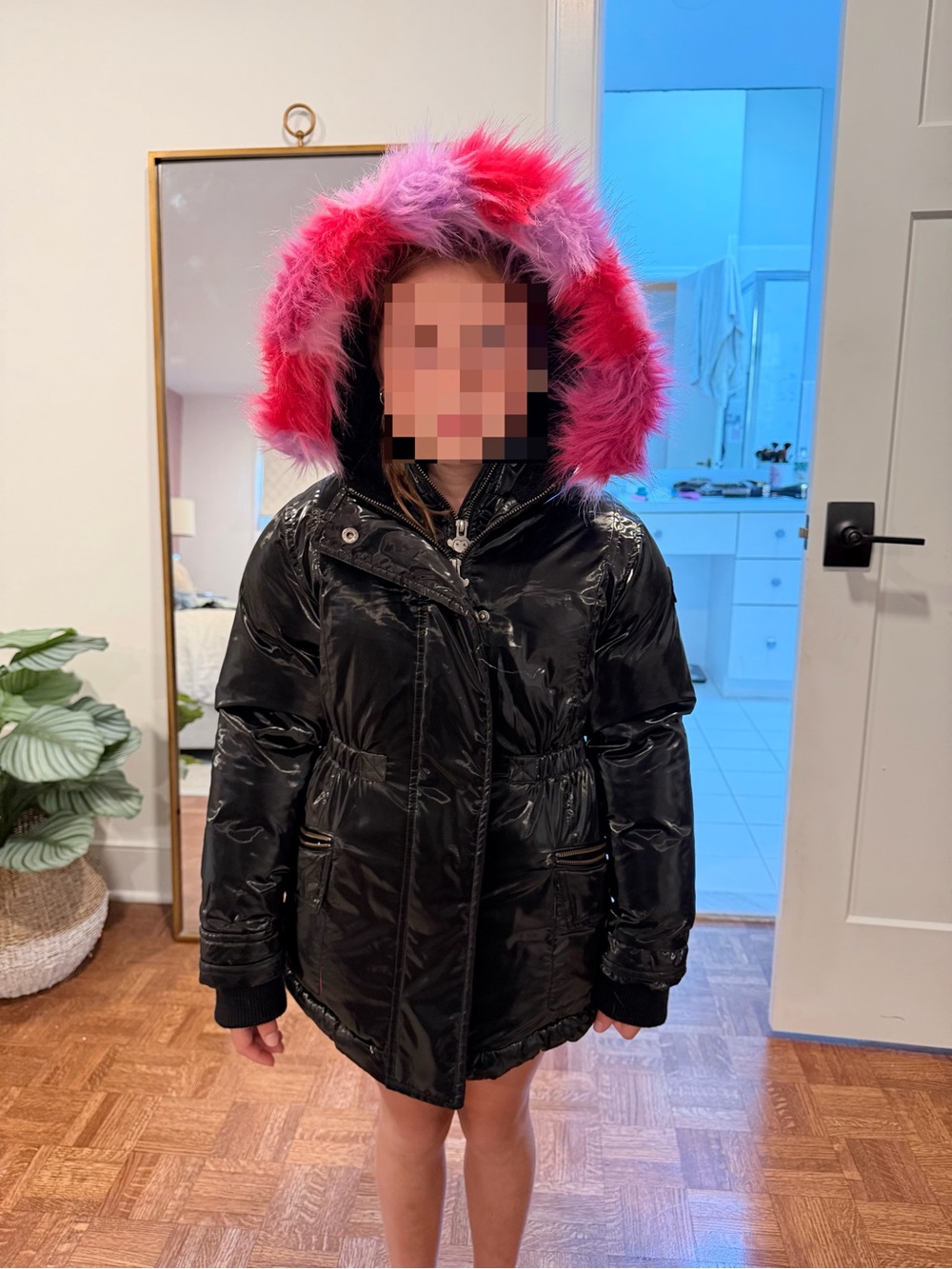 Appaman Girls' Black Puffer Coat with Pink & Red Faux-Fur Hood